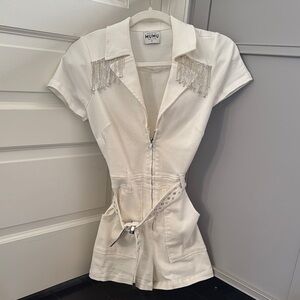 Show me your MuMu White Denim Rhinestone Romper